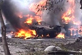 Georgian tank burning in Tskhinvali