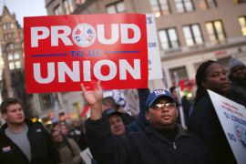 More than 300 labour unions take part in a march in New York calling for jobs and an end to the growing US economic disparity [File: Spencer Platt/Getty Images]