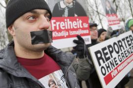 Members of Journalists Without Borders protest against Azerbaijan''s President Aliyev in Berlin