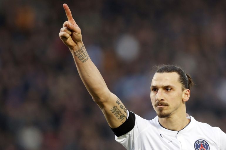 Zlatan Ibrahimovic of Paris St Germain celebrates after scoring against Girondins Bordeaux during their French Ligue 1 soccer match at Chaban Delmas stadium in Bordeaux