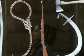 A display containing a banner depicting ''Tools of Genocide'' forming the shape of ''1915'', in reference to the year of the mass killings of Armenians by Ottoman Turks, in Yerevan [ REUTERS]