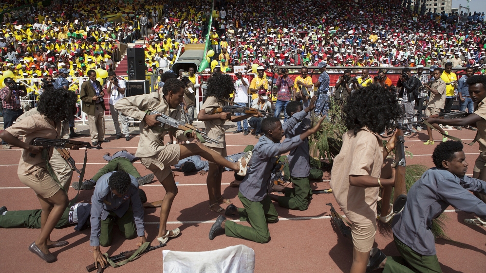 A re-enactment of the Ethiopian civil war is played out during an EPRDF rally [AFP]