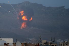 An explosion is seen from the Noqum Mountain after it was hit by an air strike in Yemen''s capital Sanaa