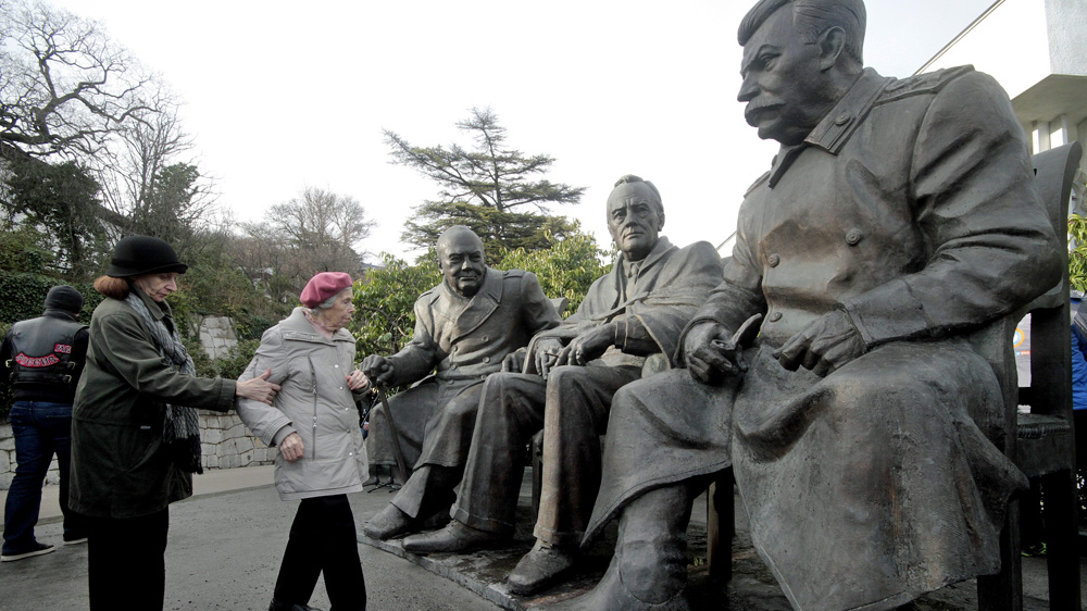 The sculpture of Soviet dictator Josef Stalin, US President Franklin Roosevelt, and British Prime Minister Winston Churchill [Reuters]
