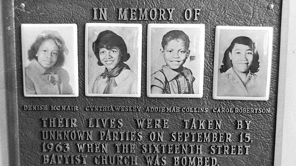 A memorial plaque at the Sixteenth Street Baptist Church in Birmingham, Alabama. Denise McNair, Cynthia Wesley, Addie Mae Collins and Carole Robertson were killed in a bombing at the church in 1963 [AP/File]