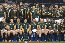 South Africa team pose for a photograph after receiving their bronze medals