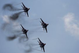MiG-29 jet fighters of the Russian aerobatic team Strizhi perform during the MAKS International Aviation and Space Salon in Zhukovsky