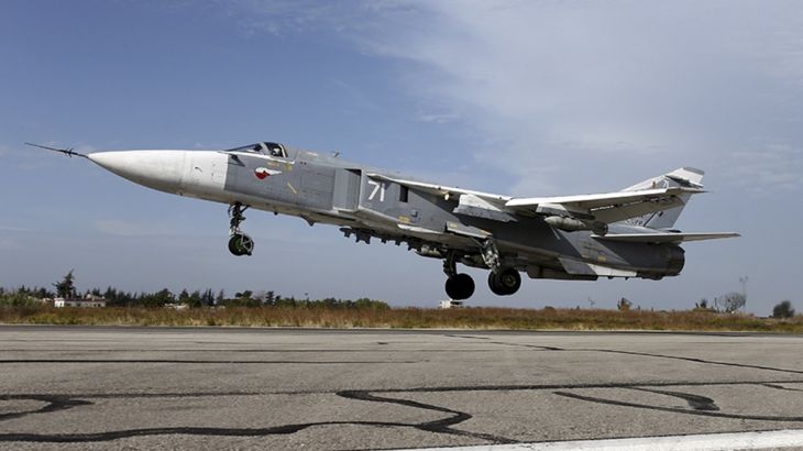 File Russia''s Defence Ministry handout photo shows a Sukhoi Su-24 fighter jet taking off from the Hmeymim air base near Latakia, Syria