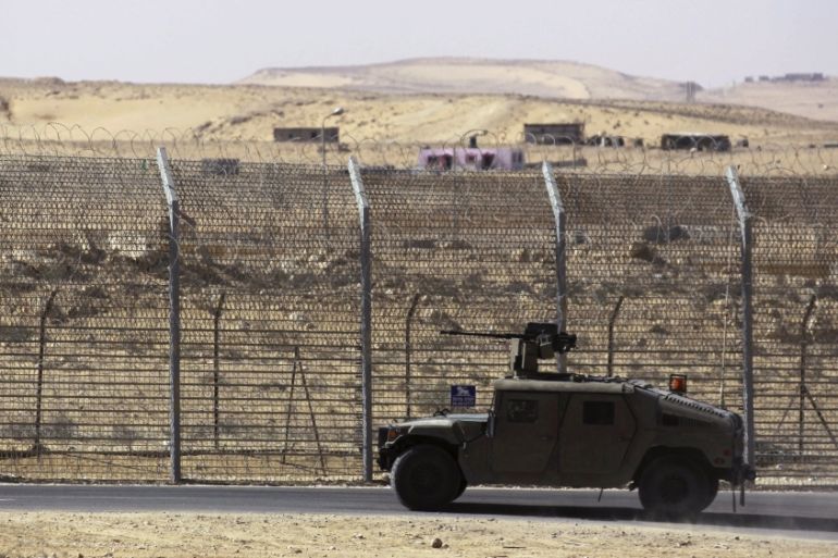File picture of armoured Israeli military vehicle driving along border with Egypt