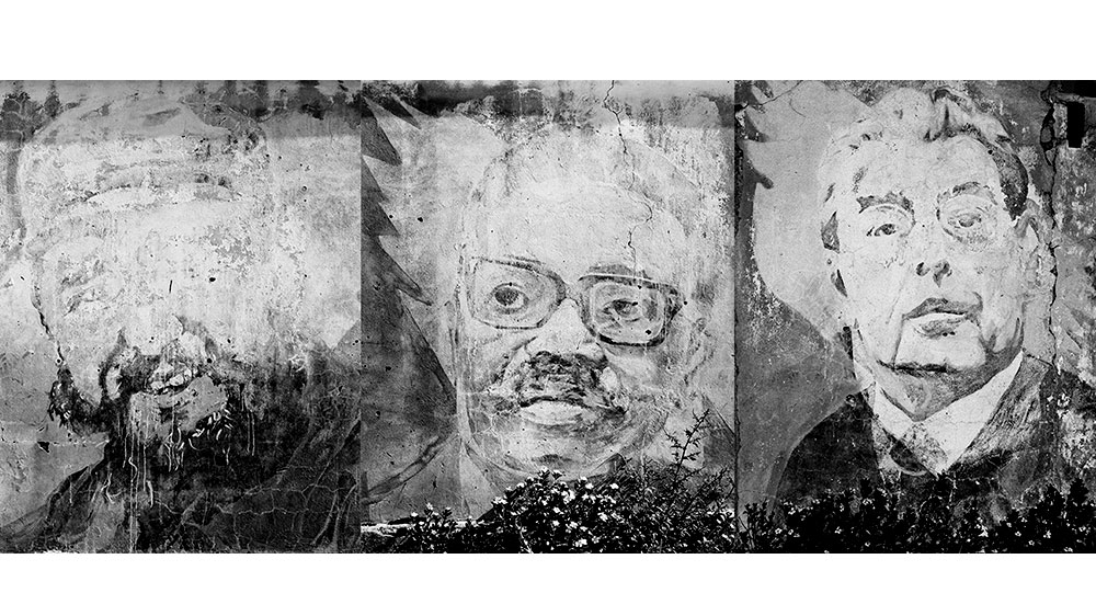 Jo Ractliffe's Triptych I, is a series of black and white photographs from a 1975 mural on a house in Angola, showing Cuban leader Fidel Castro; the first Angolan president, Agostinho Neto; and Leonid Brezhnev, then president of the USSR [© Jo Ractliffe. Courtesy of Stevenson, Cape Town-Johannesburg] 