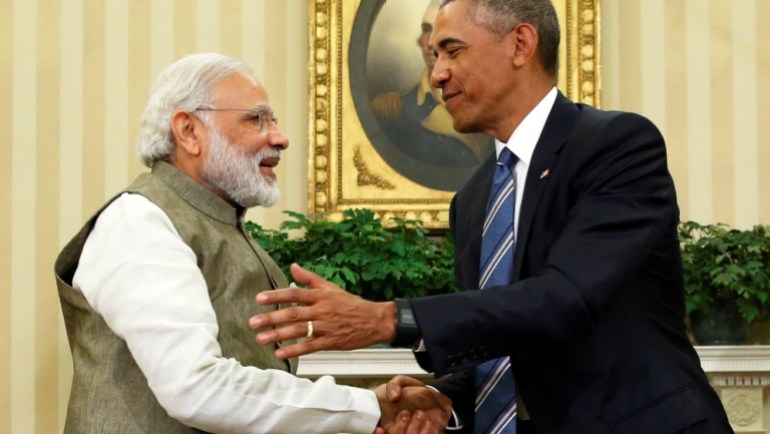 Obama shakes hands with India''s PM Modi after their remarks to reporters following a meeting in the Oval Office at the White House in Washington