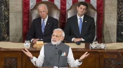 Indian Prime Minister Narendra Modi in front of US Vice President Joe Biden and House Speaker Republican Paul Ryan in Washington, DC [EPA]