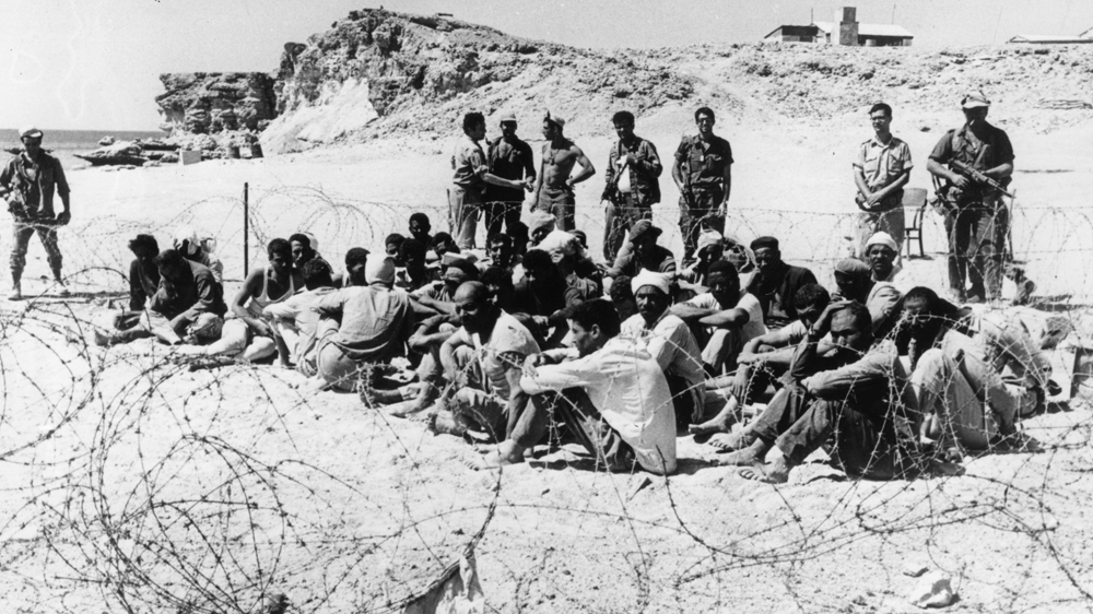  Arab prisoners at the Egyptian fortress controlling the strait at Tiran, after its capture by Israeli forces, following the Six-Day War [Keystone/Getty Images]