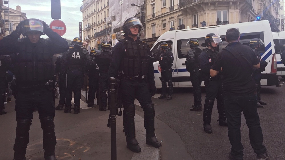 
Riot police gather at the Black lives Matter Protest at Gare Du Nord, Paris [Nabeela Zahir/Al Jazeera] 
