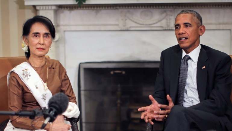 U.S. President Barack Obama talks to the media as he meets with Myanmar''s State Counsellor Aung San Suu Kyi at the Oval Office of the White House in Washington