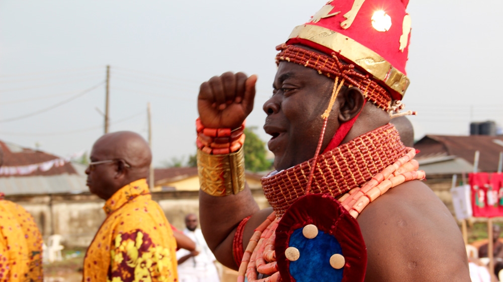 'Oba gha tokpere! [Long live the king]' says Chief Osa [Femke van Zeijil/Al Jazeera]  