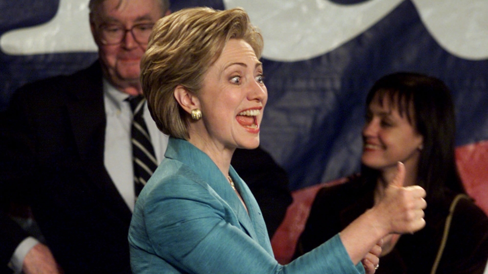 New York Senator-elect Hillary Rodham Clinton during her victory rally in 2000 [Ron Edmonds/AP]