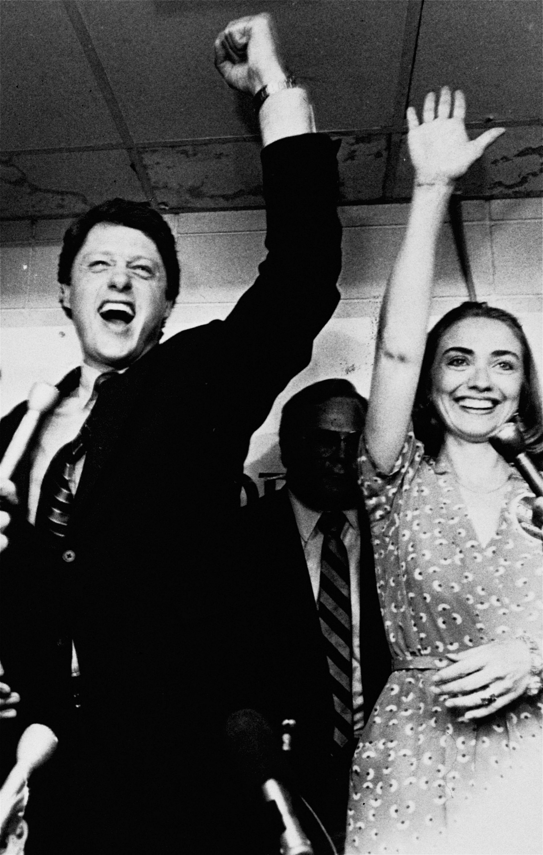 Former Arkansas Governor Bill Clinton and his wife Hillary celebrate his victory in the Democratic runoff in Little Rock, Arkansas 1982 file photo [AP]