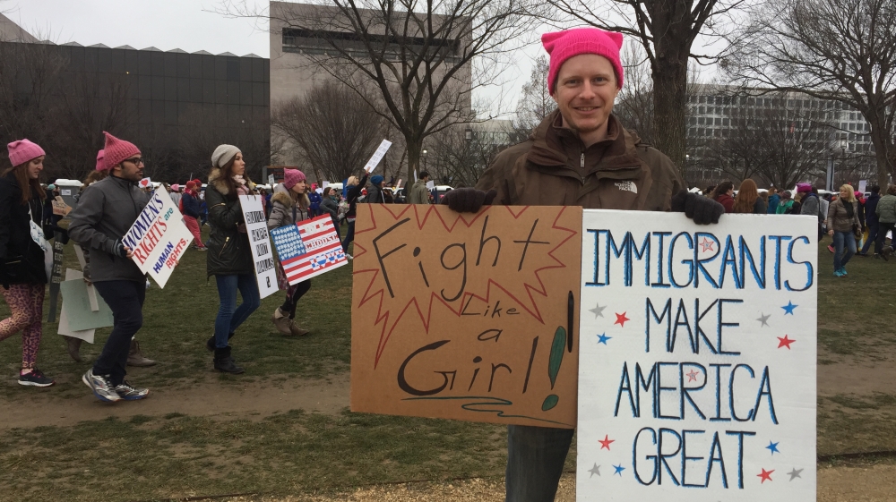 Daniel Zeiger from New York: 'I came here to show Donald Trump that there are more people out here who are opposed to his agenda and his racism and misogyny than there are people who are supporting him'   [Anar Virji/Al Jazeera] 