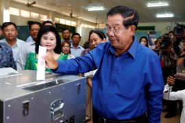 Cambodia''s Prime Minister and president of Cambodian People''s Party Hun Sen casts his vote during local elections in Kandal province, Cambodia