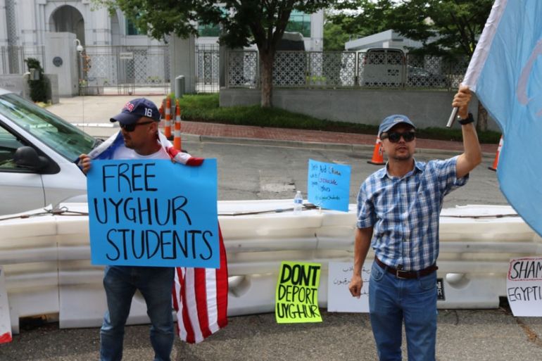 A protest held in front of the Egyptian embassy in Washington D.C on July 14 against the arrest and deportation of Uighur students in Egypt [Al Jazeera]
