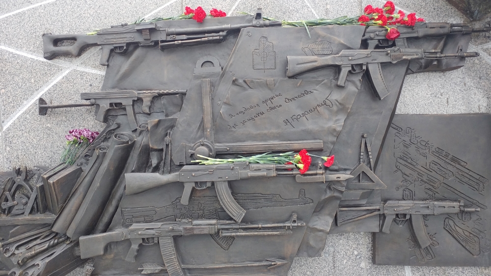A quote inscribed in Kalashnikov's monument reads: 