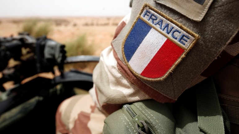 A close-up of a France''s flag patch worn by French troops in Africa''s Sahel region as part of the anti-insurgent Operation Barkhane in Inaloglog
