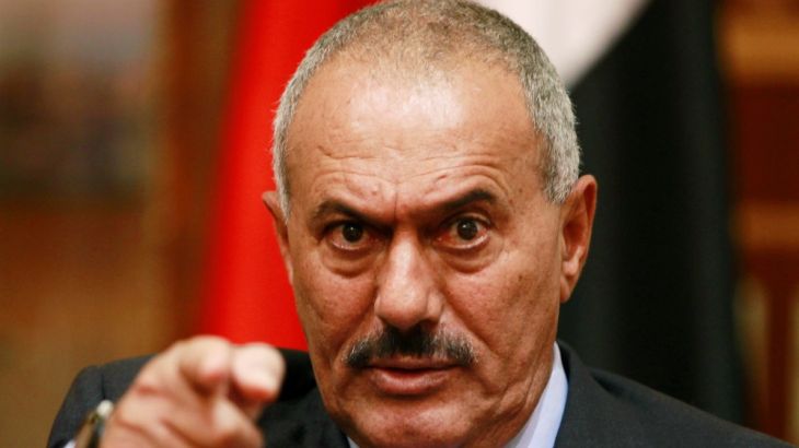 FILE PHOTO: Yemen''s then President Ali Abdullah Saleh points during an interview with selected media in Sanaa