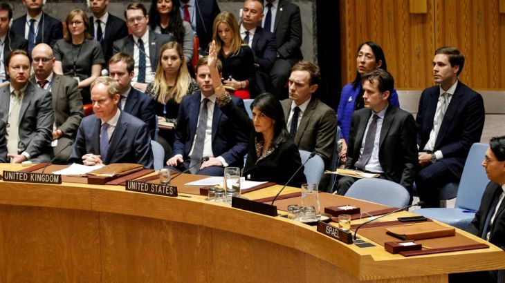 U.S. Ambassador to the United Nations Nikki Haley vetos an Egyptian-drafted resolution regarding recent decisions concerning the status of Jerusalem, during the United Nations Security Council
