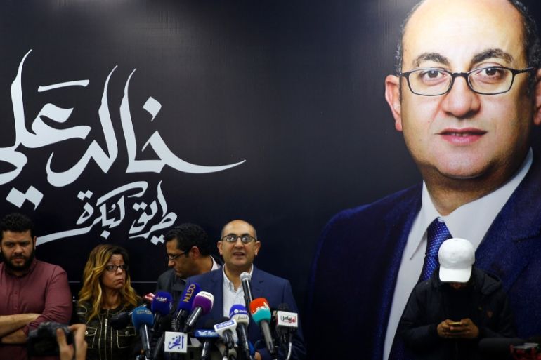 Egypt''s Presidential candidate Khaled Ali is seen speaking during a press conference in Cairo