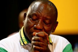 Newly elected president of the ANC Cyril Ramaphosa during the 54th National Conference of the ruling African National Congress (ANC) in Johannesburg, South Africa [Siphiwe Sibeko/Reuters]
