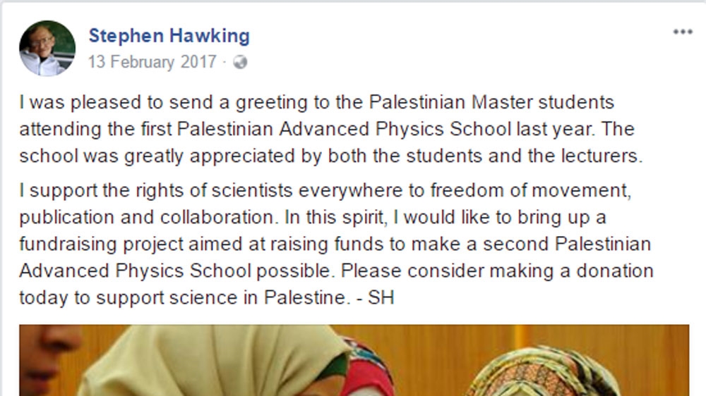 Screenshot from Stephen Hawking's official Facebook page calling on his followers to raise funds 