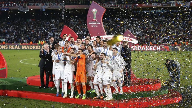 Real Madrid players celebrate winning the Club World Cup final soccer match against San Lorenzo at Marrakesh