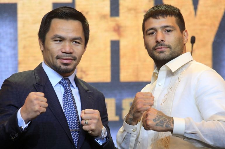Pacquiao and Matthysse attend a news conference for their upcoming WBA "regular" welterweight title fight, in Paranaque city, metro Manila