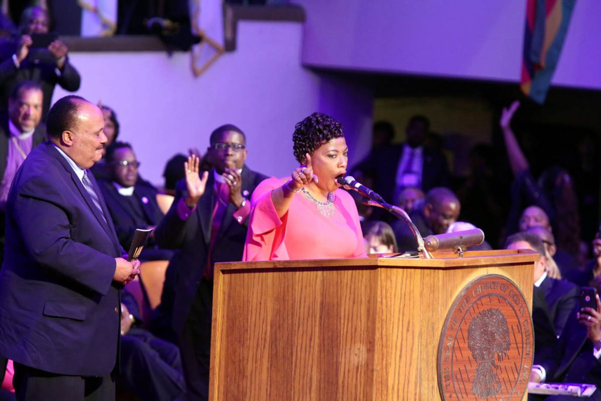Dr. Bernice King, daughter of MLK, speaks inside Mason Temple COGIC, the site of Dr. King''s prophetic "I''ve been to the Mountaintop" speech, during events surrounding the 50th anniversary of the death