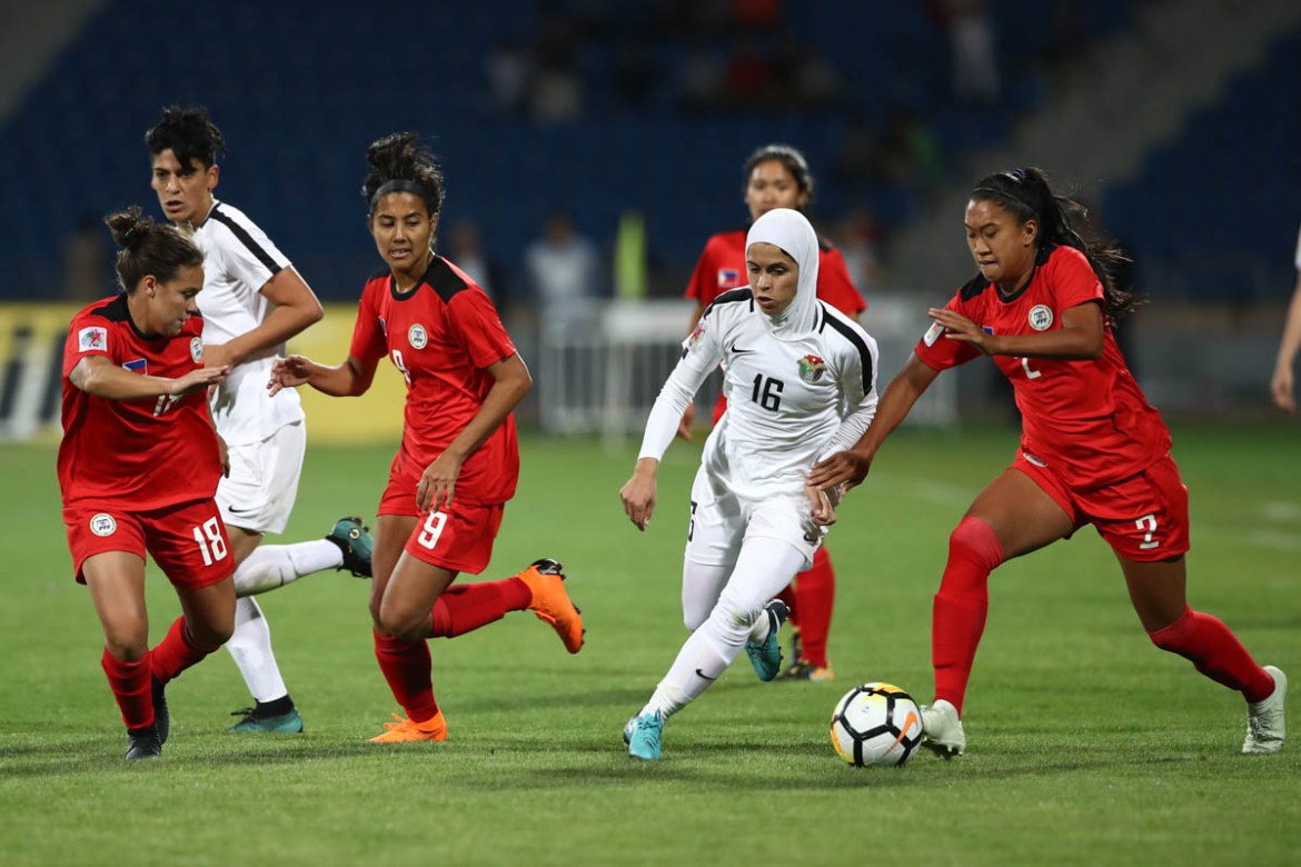 Shahnaaz Jebreen during the opening game of the Asian Cup against the Philippines in Amman Stadium, which Jordan lost 1:2. An obstacle Jebreen and a few other players faces was when FIFA banned the Hi