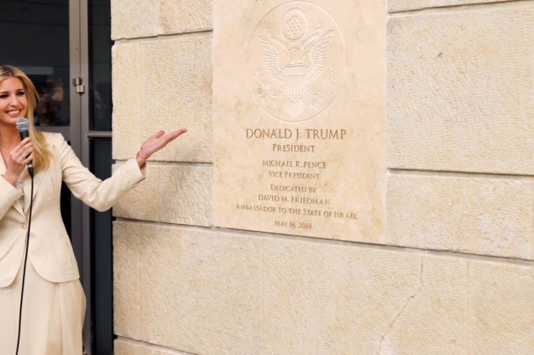 Senior White House Adviser Ivanka Trump gestures as she stands next to the dedication plaque at the U.S. embassy in Jerusalem, during the dedication ceremony of the new U.S. embassy in Jerusalem