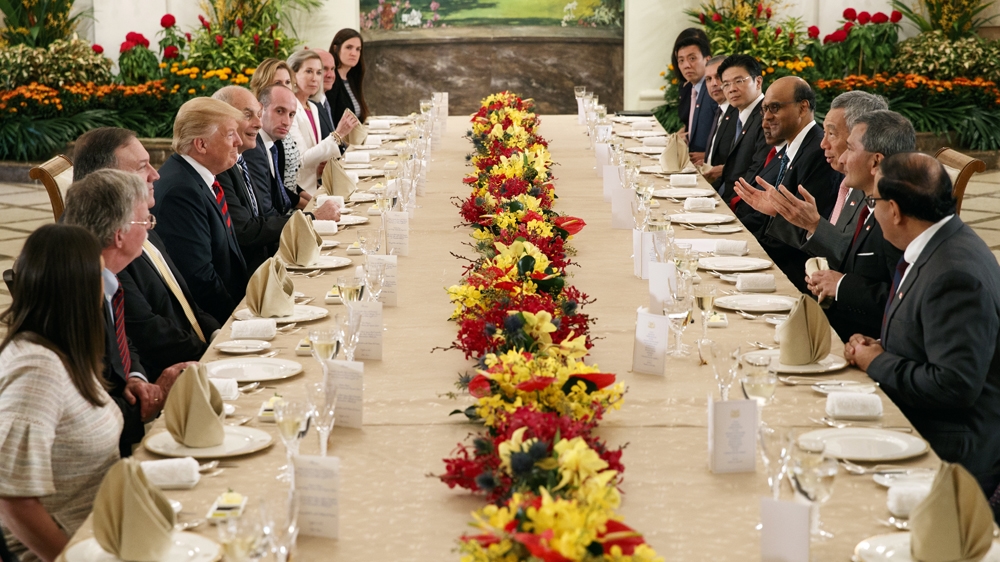 At lunch with Singaporean Prime Minister Lee, Trump said 'things can work out very nicely' tomorrow [Evan Vucci/The Associated Press]