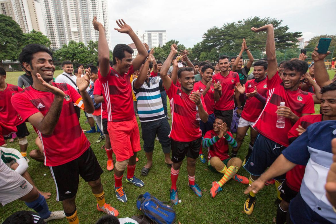 Players of RFM celebrate after the match. The Rohingya players in Malaysia dream to have the opportunity to play at an international level and represent their nation.