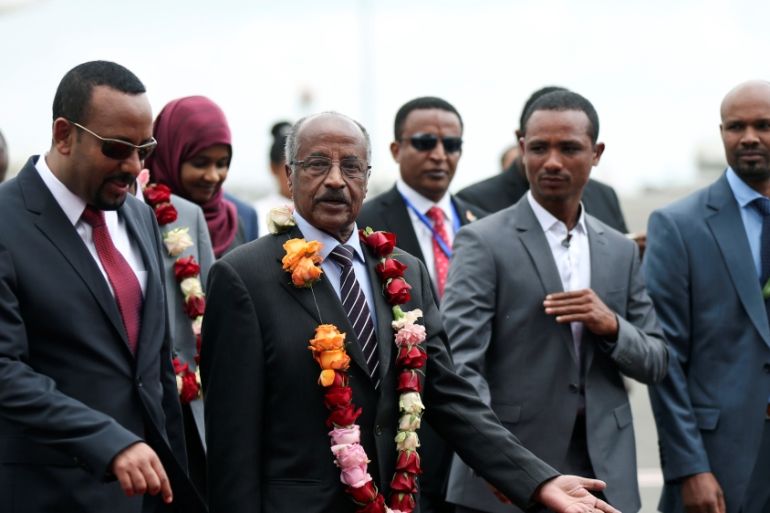 Ethiopia''s Prime Minister Abiy Ahmed welcomes Eritrean Foreign Minister Osman Saleh and his delegation at the Bole International Airport in Addis Ababa