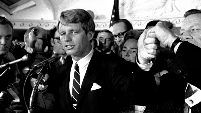 Sen. Robert F. Kennedy addresses a throng of supporters in the Ambassador Hotel in Los Angeles early in the morning of June 5, 1968, following his victory in the previous day''s California primary election.