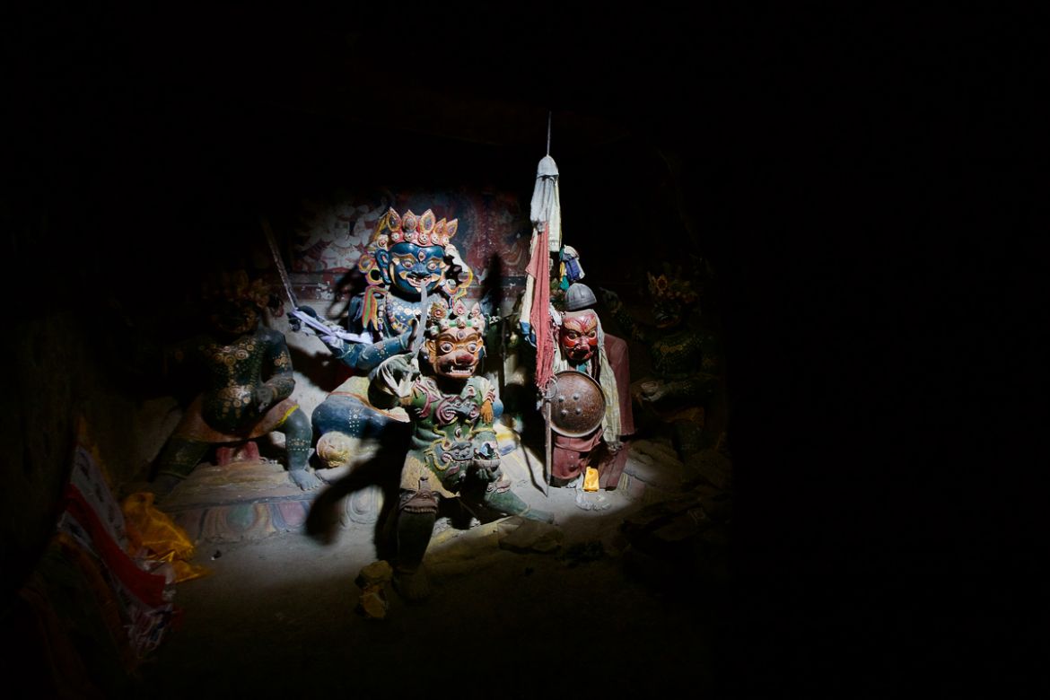 5. Life-sized “Dharmapalas” are exposed by sunlight in a hidden room inside an ancient monastery in Mustang, Nepal. These “protective deities” are meant to keep monasteries and the residents around t