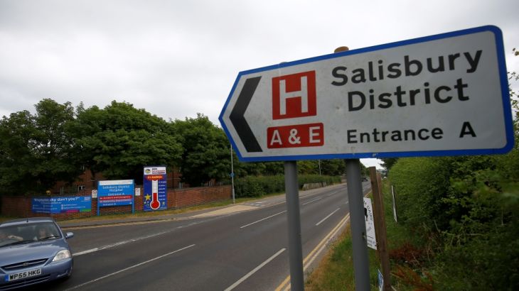 Signpost indicates the entrance to Salisbury District Hospital where two people were hospitalised and police declared a ''major incident'', in Salisbury