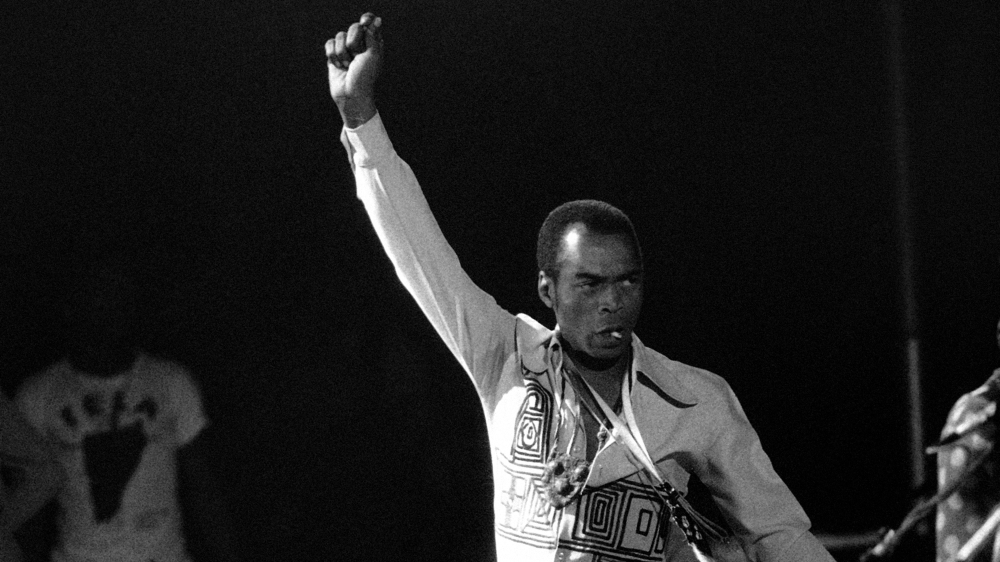 Nigerian musician and composer Fela Anikulapo Kuti performs on March 16, 1981, with his band Afrika 70 at the Hippodrome in Paris, France [AP Photo/Herve Merliac]