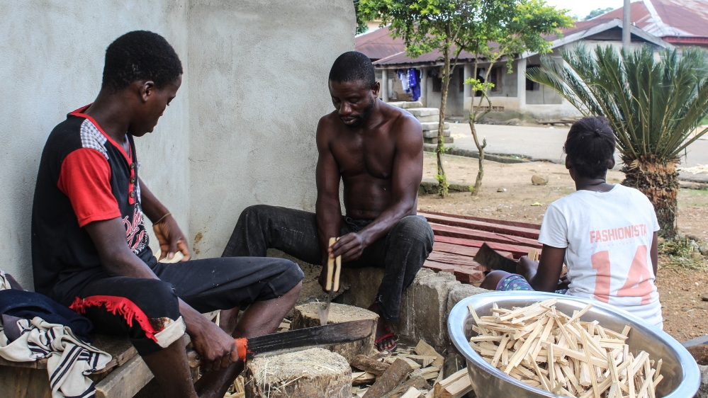 Most Cameroonian refugees in Agbokim make chew sticks to survive [Linus Unah/Al Jazeera]