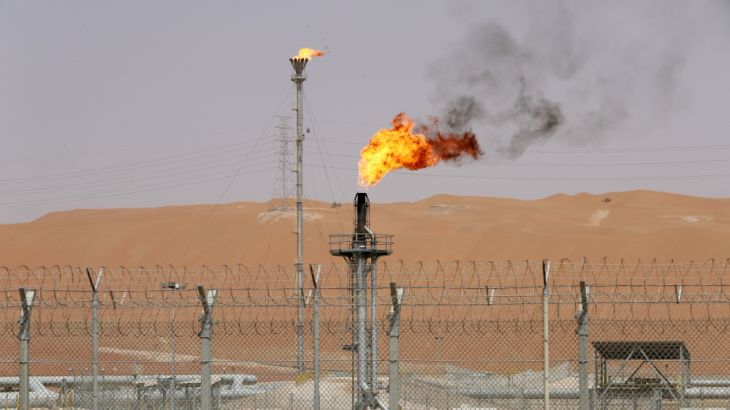 Flames are seen at the production facility of Saudi Aramco''s Shaybah oilfield in the Empty Quarter
