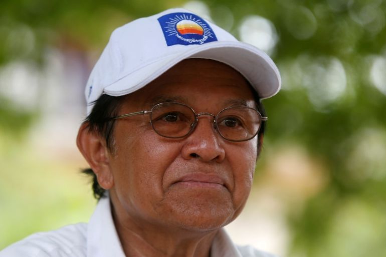 FILE PHOTO - Cambodia''s opposition leader and President of the CNRP Kem Sokha talks during an interview with Reuters in Prey Veng