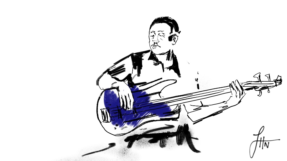
The bassist of the Blue Nile Stars performs at Papa Costa Restaurant in downtown Khartoum, December 2017 [Original photo: Janto Djassi/Picture Me Different. Illustration by Jawahir Hassan Al-Naimi/Al Jazeera]

