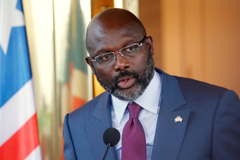 Liberia''s President George Weah speaks during a news conference at Presidential palace in Abidjan