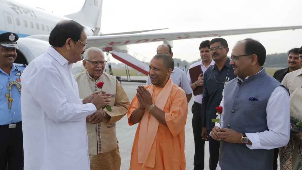 Chief Minister Yogi Adityanath, centre, has been accused of inciting violence against Muslims [File: Rajesh Kumar Singh/AP]